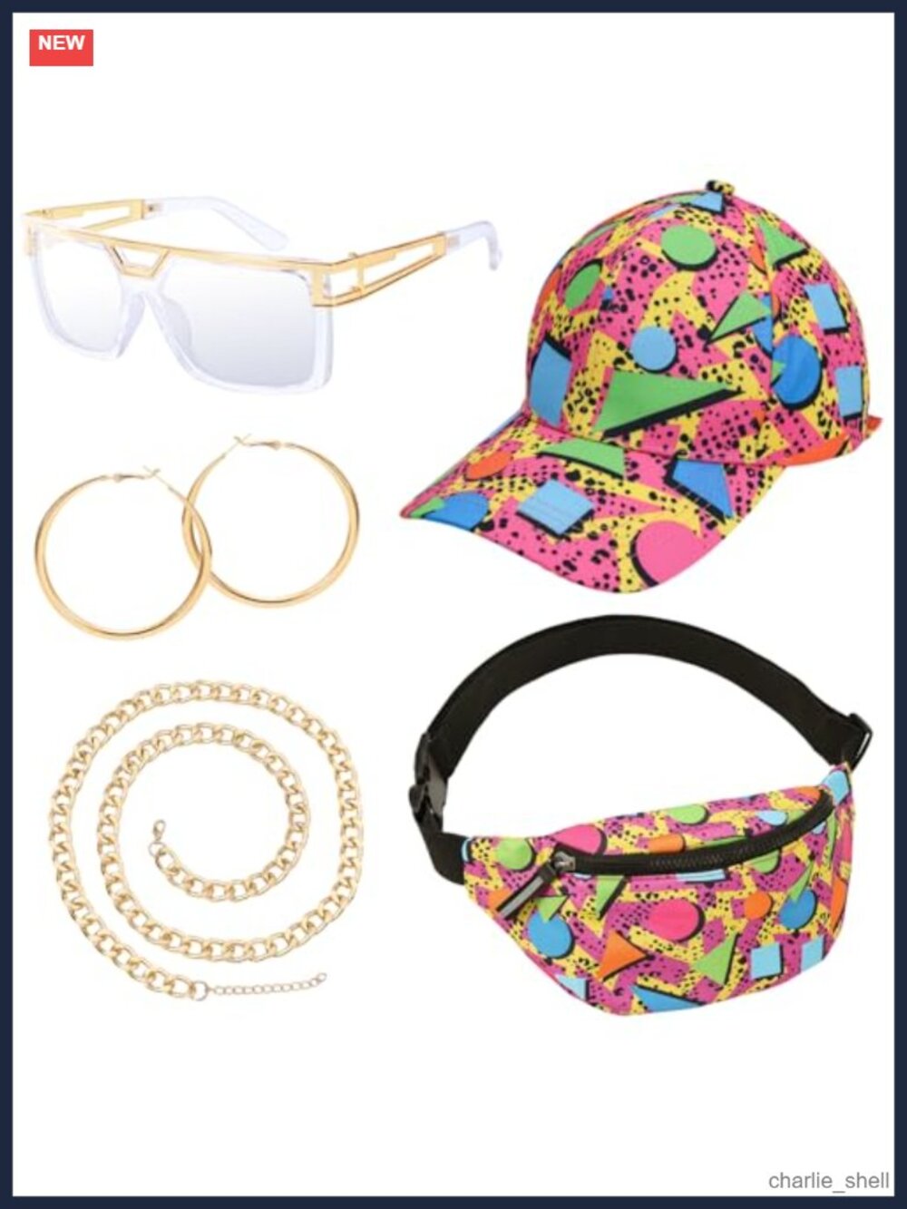 80s 90s Hip Hop Costume Accessory Kit Fanny Pack Hat Sunglasses Chain Earrings